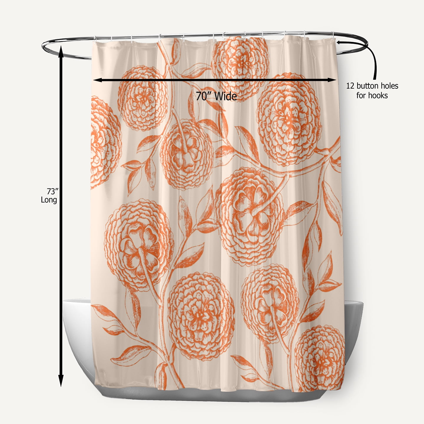 Simply Daisy 70" W x 73" L Antique Flowers Polyester Shower Curtain, Orange [1 Ct]
