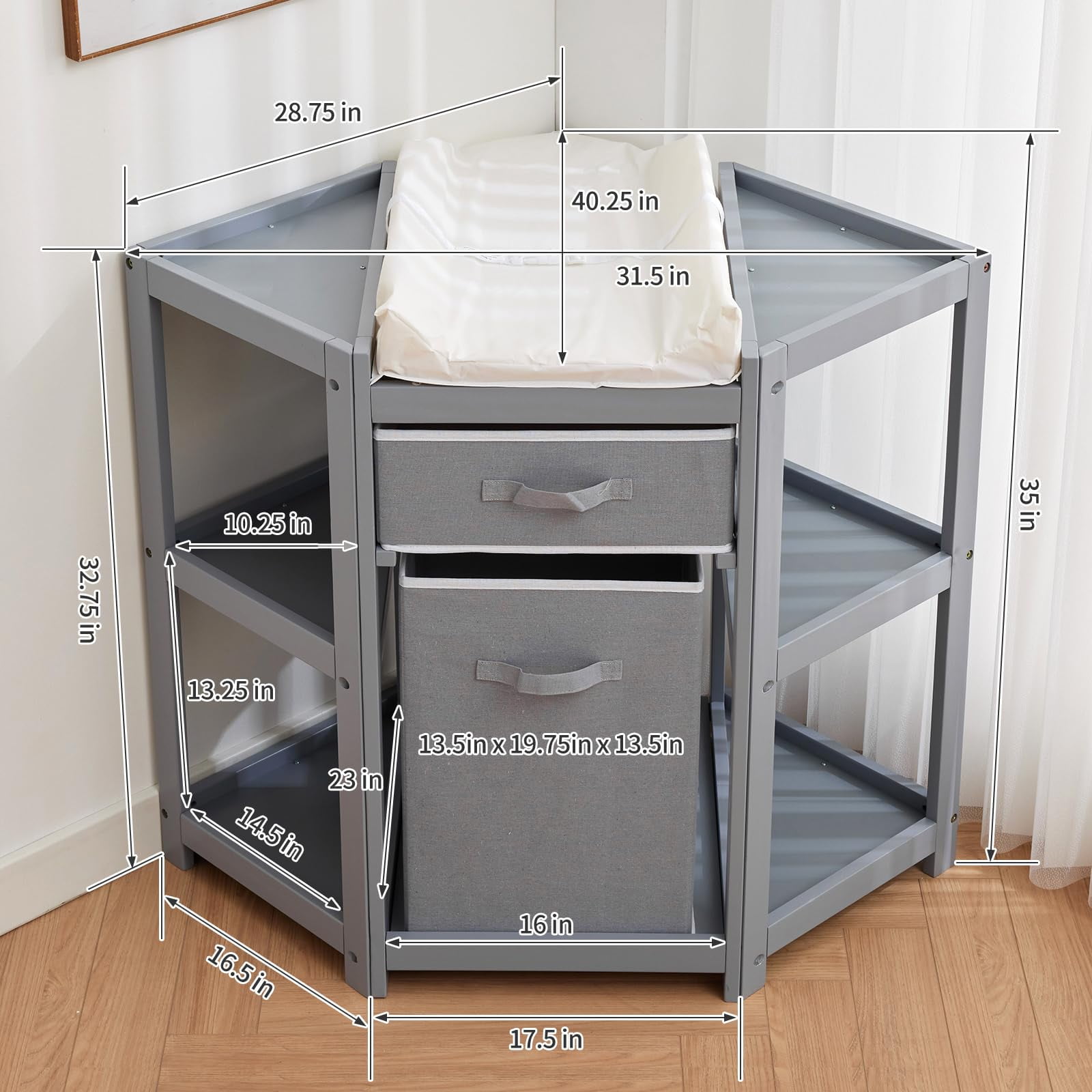 Garvee Corner Diaper Changing Table, Baby Diaper Changing Station with Storage Drawer and Laundry Hamper, Multi-Functional Changing Table Organizer with Pad for Newborn Infant, Gray