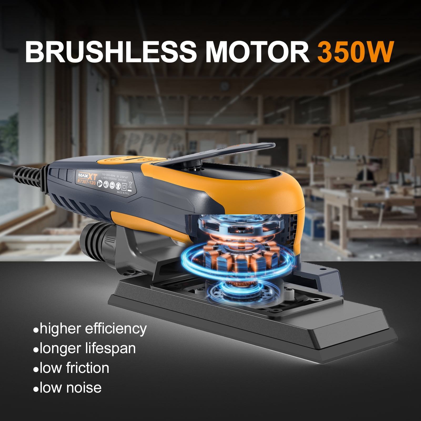 MAXXT Brushless Sheet Sander Electric 3mm Orbital 350W 3A Multi-function 10000RPM Variable Speed Corded Orbital Sanders Machine with 10 Sanding Paper