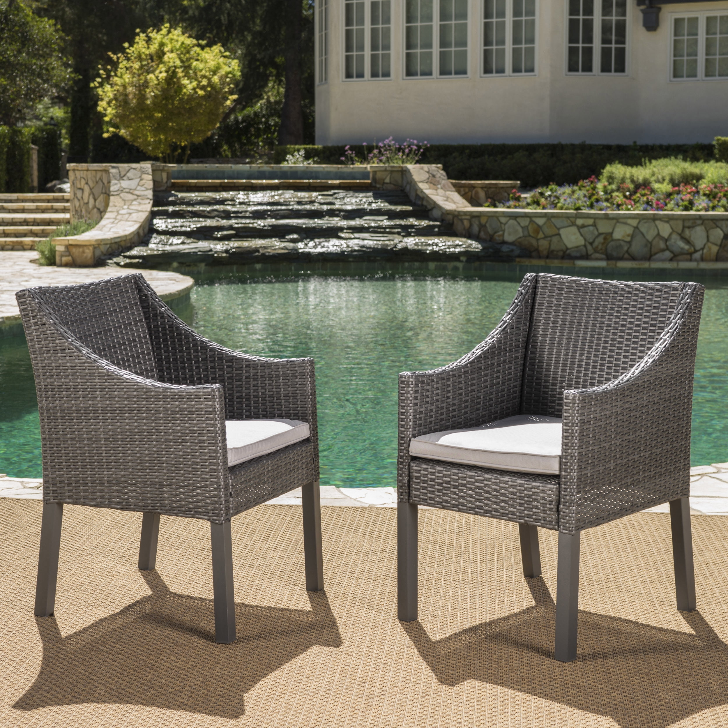 Estelle Outdoor Wicker Dining Chairs with Cushions, Set of 2, Grey