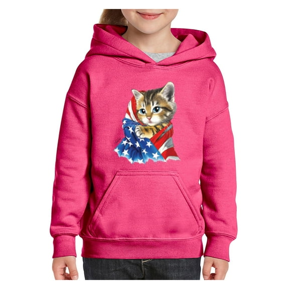 Big Girls Hoodies and Sweatshirts - American Flag 4th of July Kitty