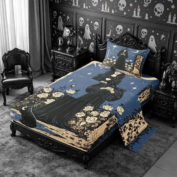 Erosebridal Gothic Witch Twin Sheets 3pcs,Halloween Black Cat Rose Bedding,Navy Blue,1 Flat Sheet, 1 Fitted Sheet and 1 Pillowcase