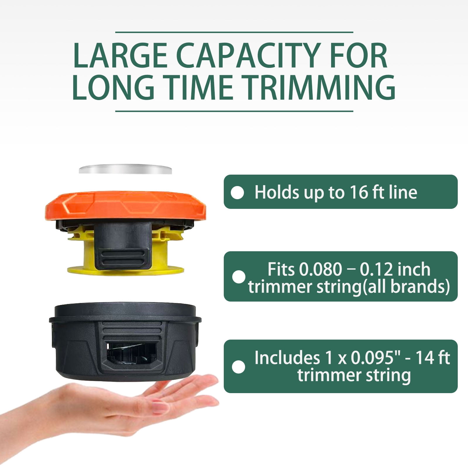 Universal Weed Eater Head,Easy Feed Trimmer Bump Head with Wear-resistant rotating iron plate, Weed Wacker Head Trimmer Head for Echo,Ego,Dewalt,Stihl,Ryobi...with 14ft 095’’Trimmer Line,Orange