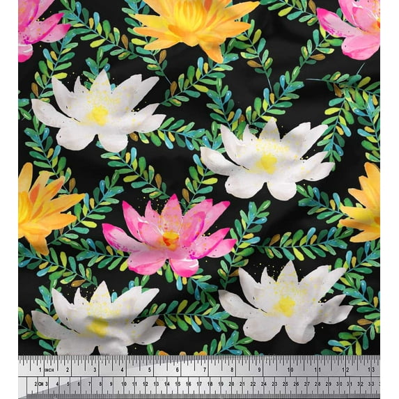 Soimoi Black Cotton Cambric Fabric Leaves & Water Lily Floral Print Print Fabric By the Yard 58 Inch Wide