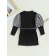 thumbnail image 3 of Toddler Baby Girls Fall Dress Houndstooth Print Long Puff Sleeve Ribbed Dress with Belt Outfit, 3 of 6