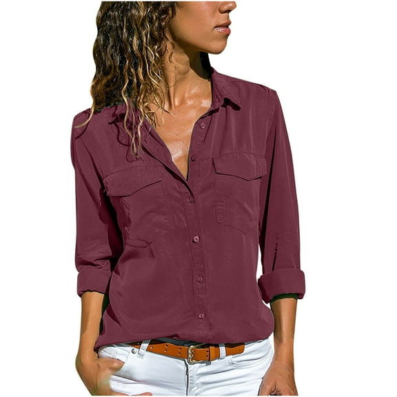 Pejock Womens Turn Down Collar Roll up Sleeve Button Down Blouses Tops Plus Size Soild Color Casual Long Sleeve Shirts Wine L (US Size:8)