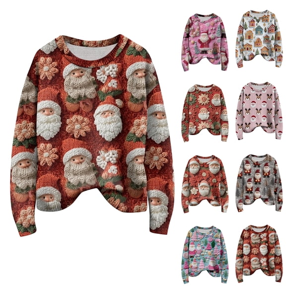 Long Sleeve Pullover Sweaters For Women O Neck Casual Cute Printing Knit Oversized Sweater for Fall and Winter, Christmas Snowflake Print, Cozy and Festive, Christmas Sweaters for Women ,Beige,L