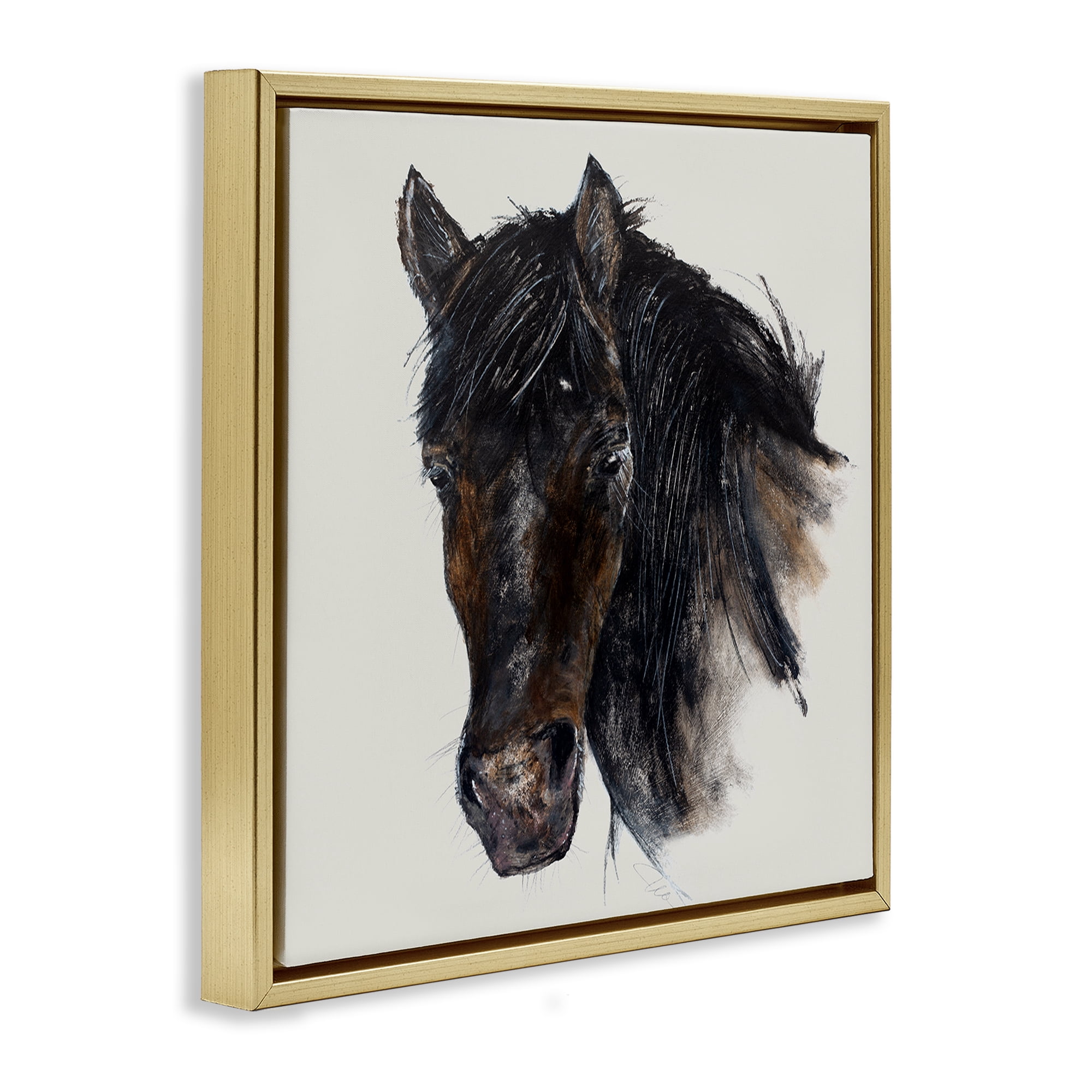Stupell Industries Paint Stroke Black Horse Animals Painting Gold Floater Framed Canvas Art Print Wall Art, 18 x 18