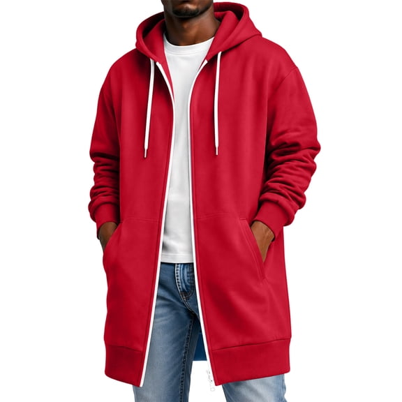 Mens Long Hoodies Full Zip Fleece Lined Long Sleeve Drawstring Hooded Cardigan Jacket Open Front Sweatshirt