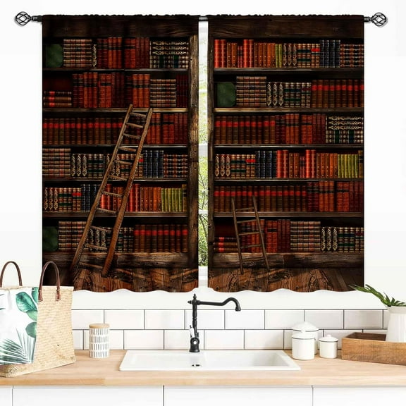 Vintage Bookshelf Curtains, Retro Library Old Antique Bookcase Gothic Style Rustic Blackout Window Drapery Treatments for Bedroom Living Room Bathroom, 27.5x36 Inch