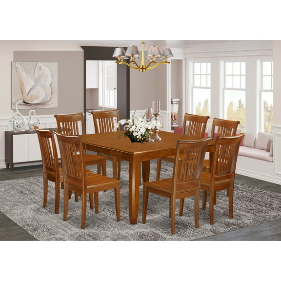 East West Furniture PFPO9-SBR-W 9 Piece Dining Room Set For 8-Kitchen Table With Leaf and 8 Dinette Chairs