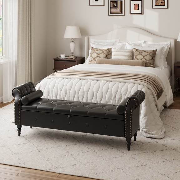 FiveWillowise 65" End of Bed Storage Bench with Rolled Arms - Tufted Large Storage Ottoman with Nailhead Trim, Faux Leather Black for Bedroom & Living Room