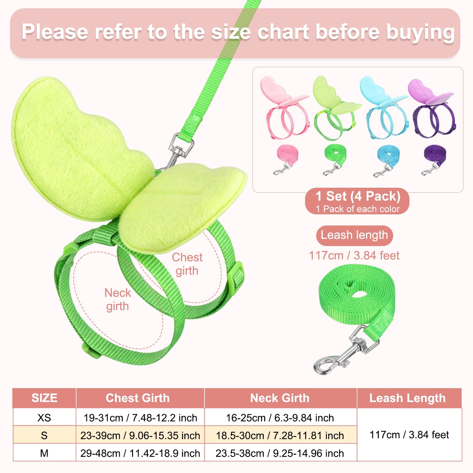Uxcell 4-Pack Adjustable Pet Harnesses and Leashes, Nylon Outdoor Training Traction Rope for Dogs [Green/Blue/Purple/Pink, Size S]