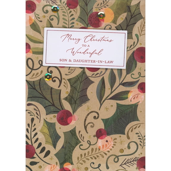 Designer Greetings White 3D Die Cut Banner, Large Holly Leaves and Berries, Gold Foil Stars on Brown Hand Decorated Christmas Card for Son and Daughter-in-Law