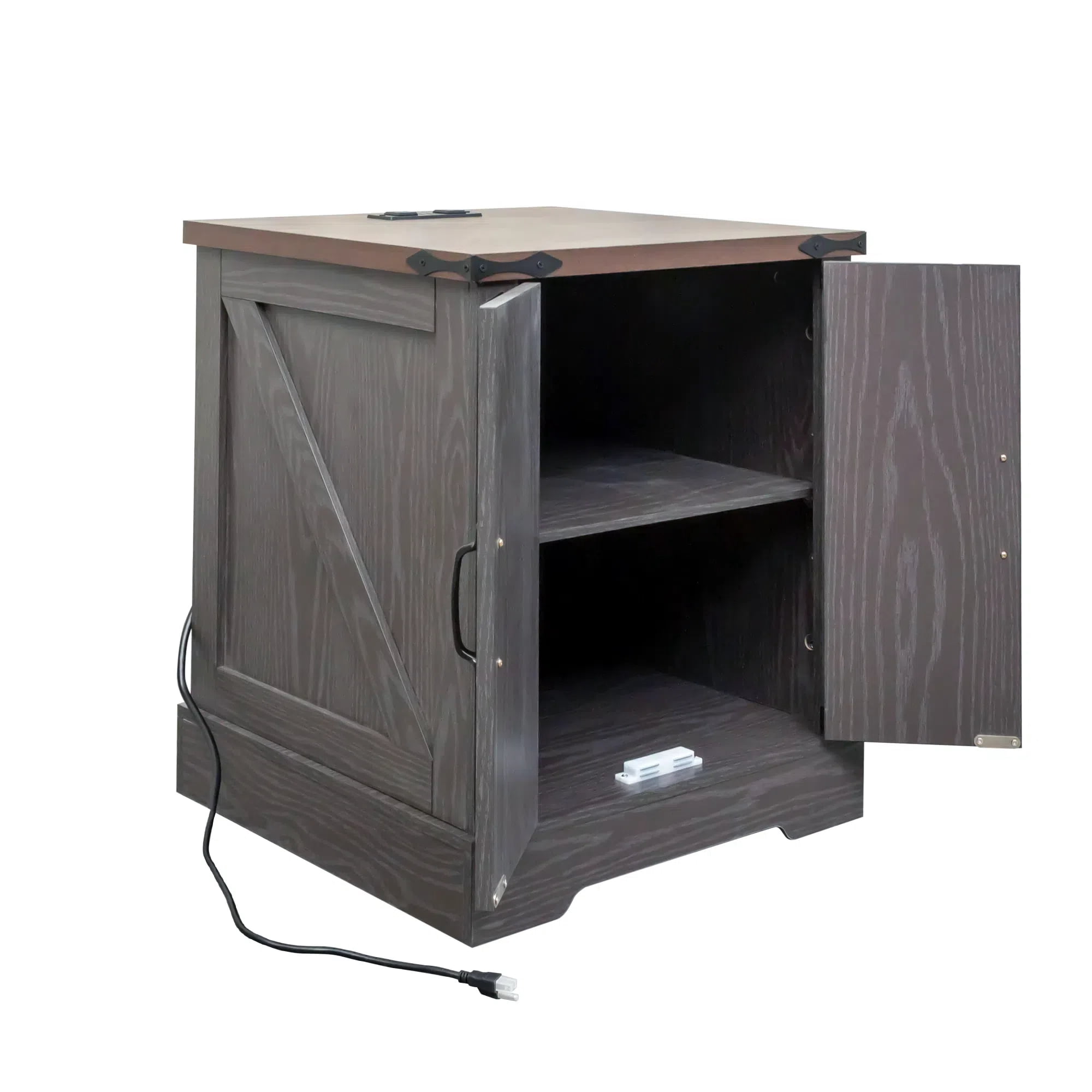 Aukfa Farmhouse End Table with Charging Statio,Rustic Barn Door Nightstand Side Table with Storage Cabinet,Gray
