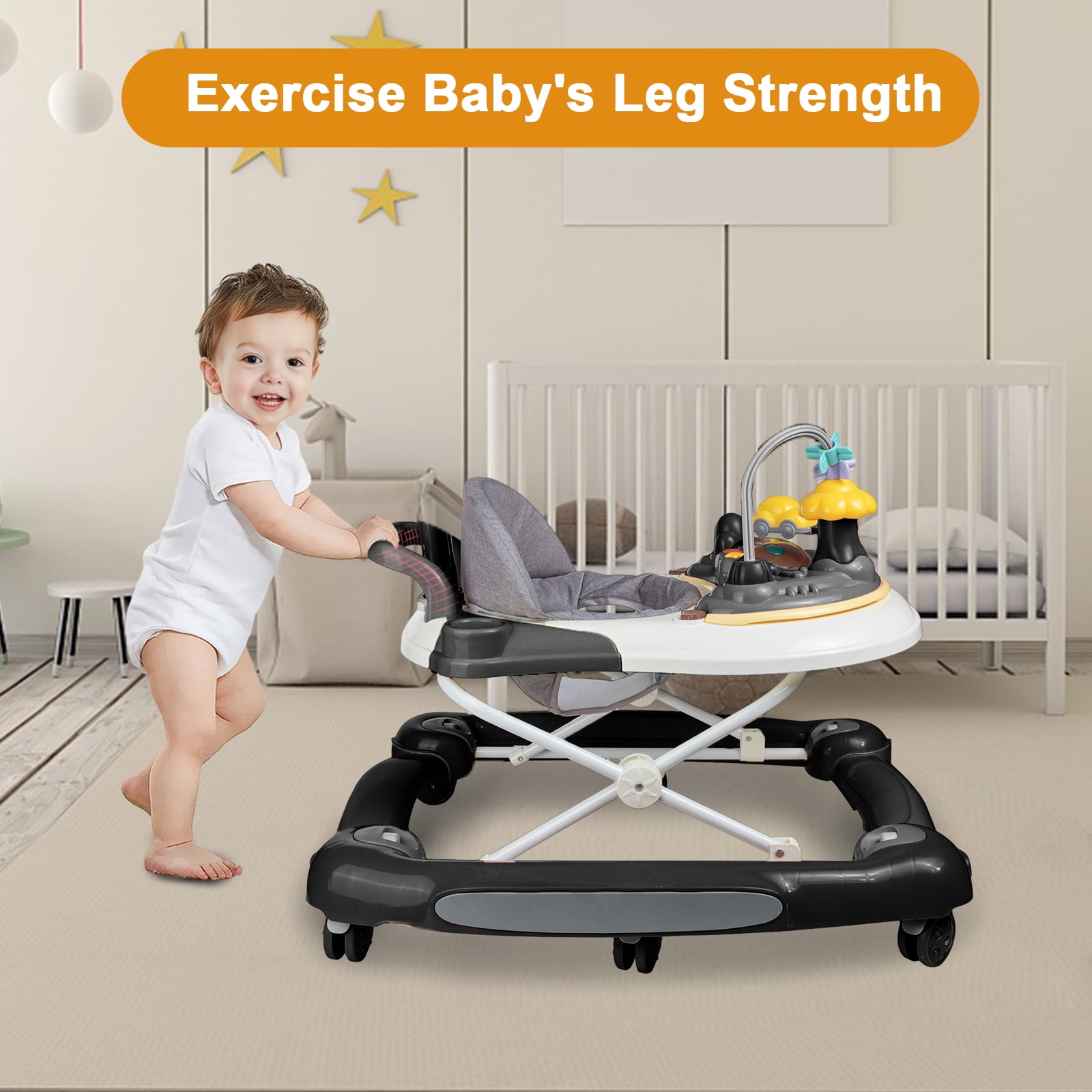 EONROACOO 5-in-1 Baby Walker for Boys Girls, Adjustable Infant Walkers with Wheels(Black)