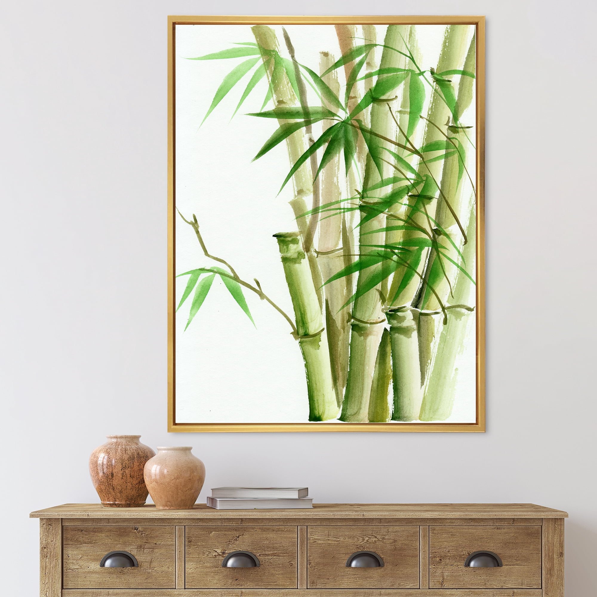 Designart 'Detail of Dark Green Bamboo and Leaves II' Traditional Framed Canvas Wall Art Print