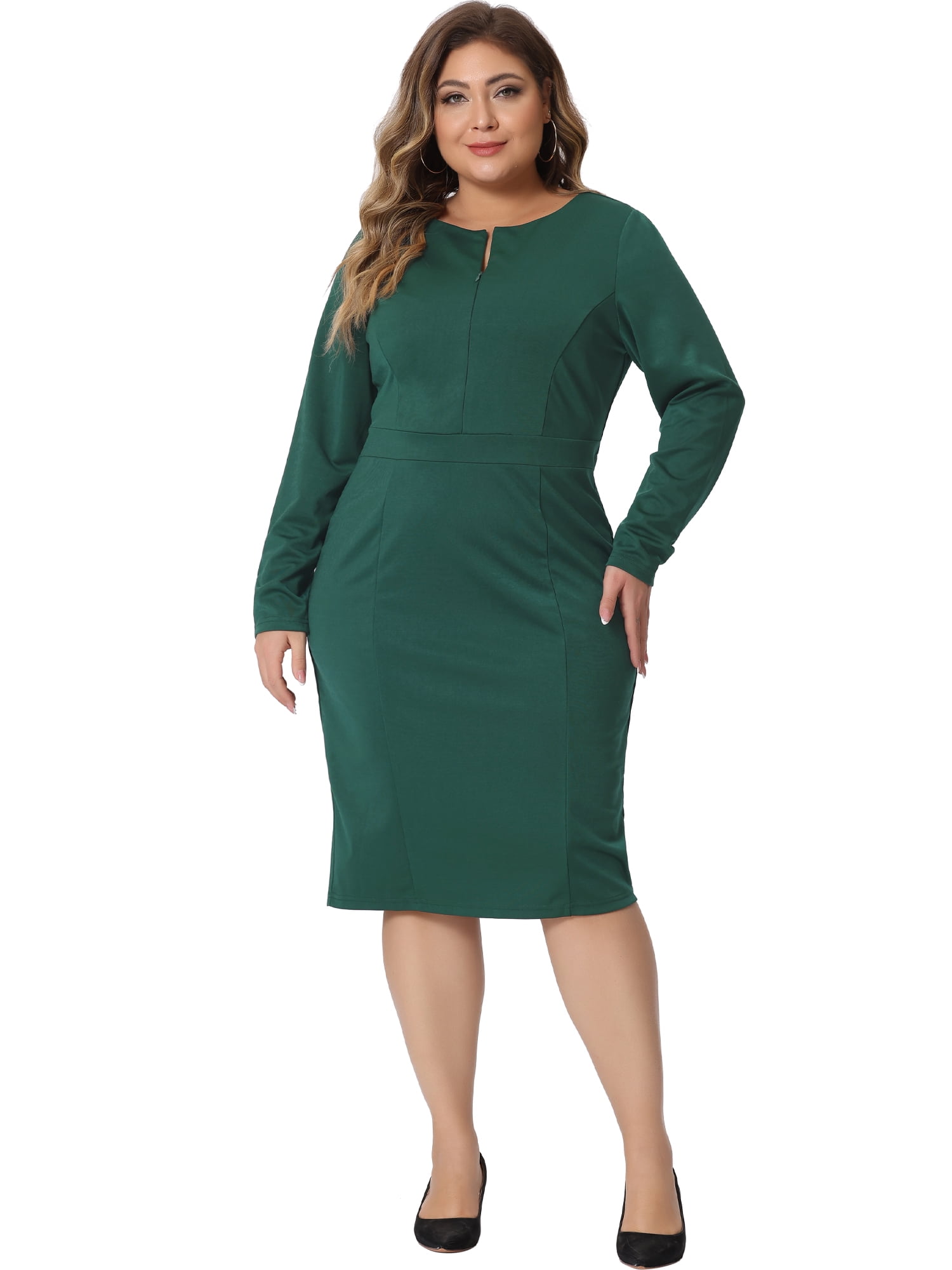Unique Bargains Women's Plus Size Sheath Office Work Short Sleeves Dress 1X Dark Green