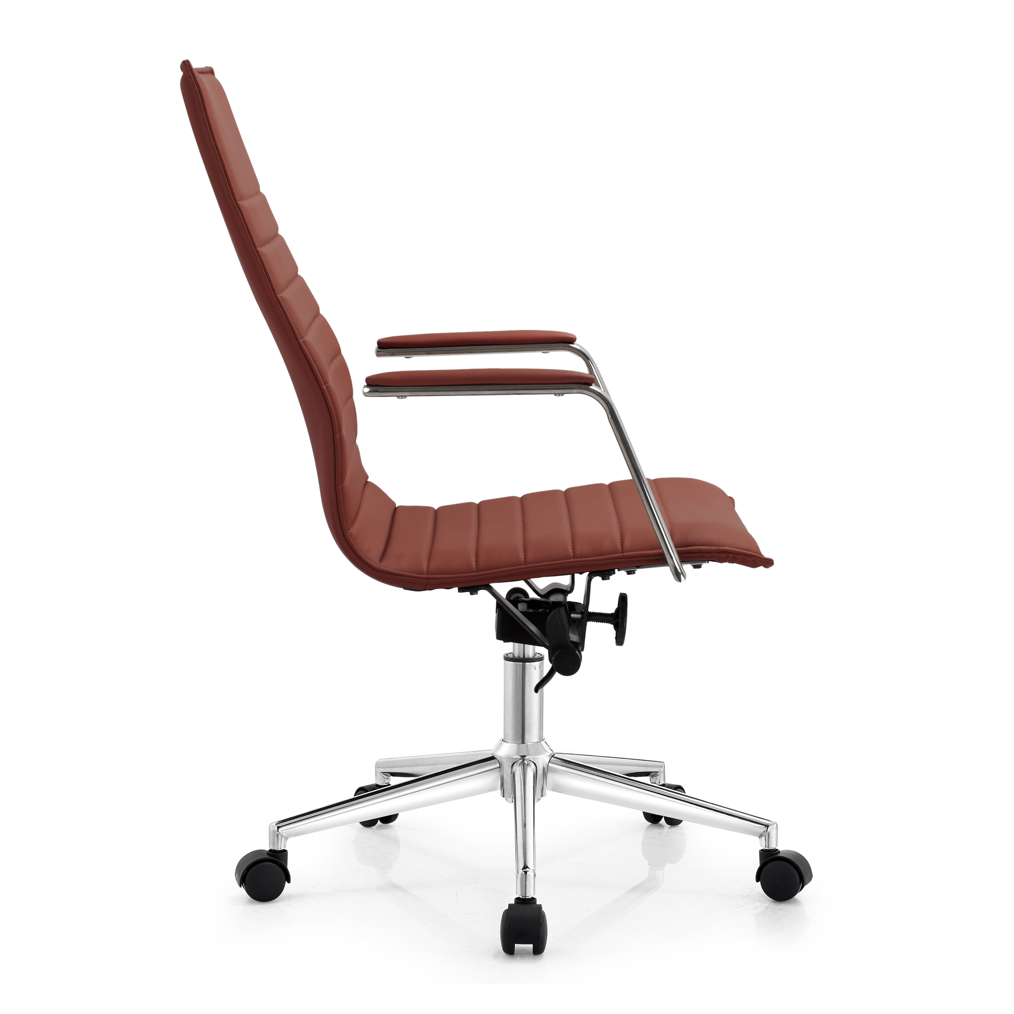 2xhome - Set of 2 Brown Mid Century Modern High Back Tall Ribbed PU Leather Swivel Tilt Adjustable Chair Designer Boss Executive Manager Office Conference Room Work Task Computer