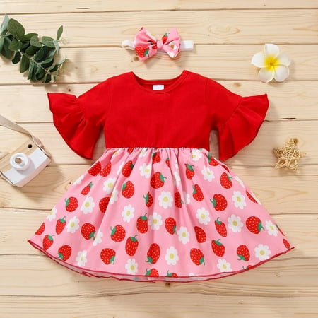 

Baby Girl Clothes Toddler Girls Flare Sleeve Strawberry Printed Princess Dress+Headbands