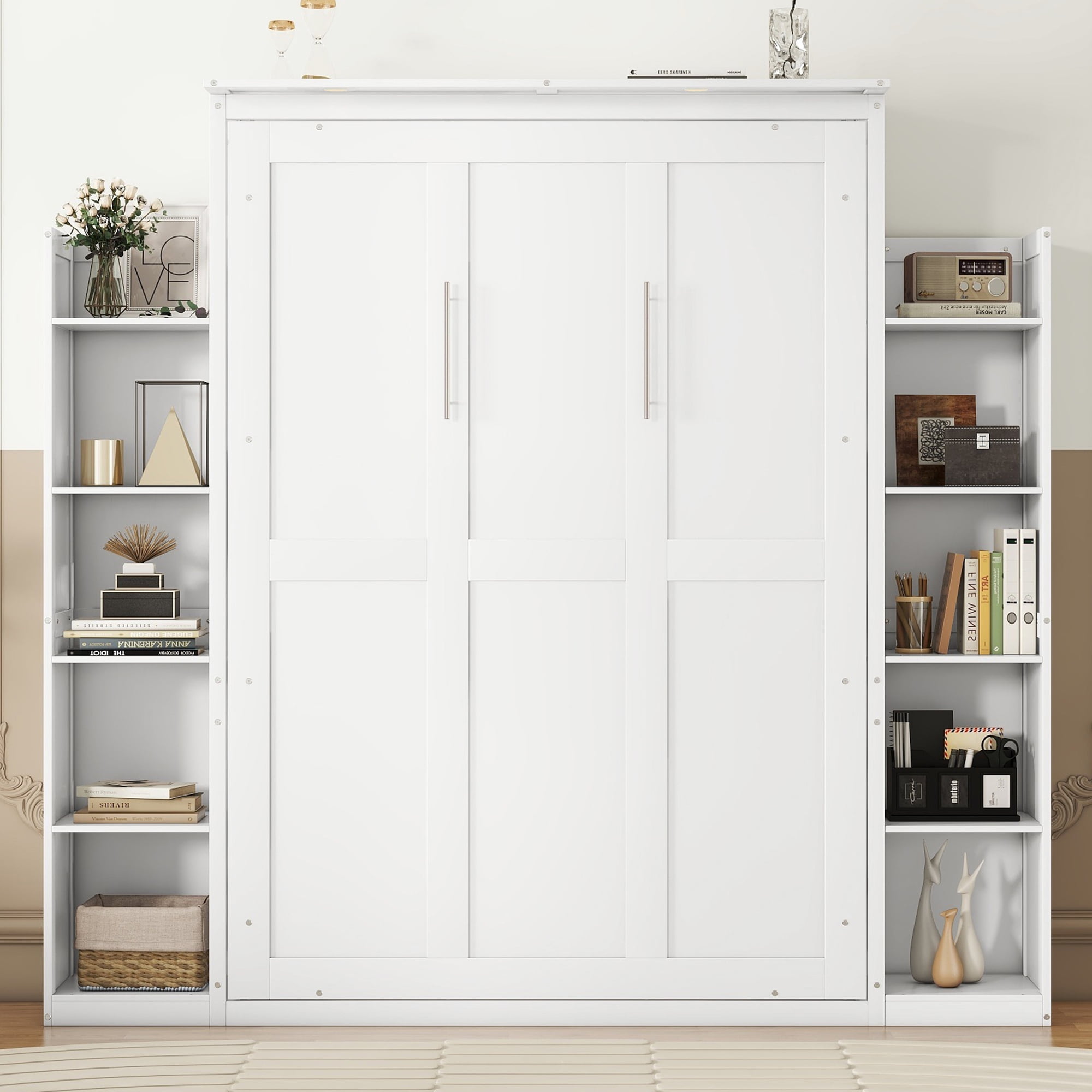 Aukfa Full Size Murphy Bed with 5-Tier Storage Shelf & LED Lights, Foldable Wall Bed Cabinet with Mattress Support, Space-Saving Design for Guest Room/Home Office, White