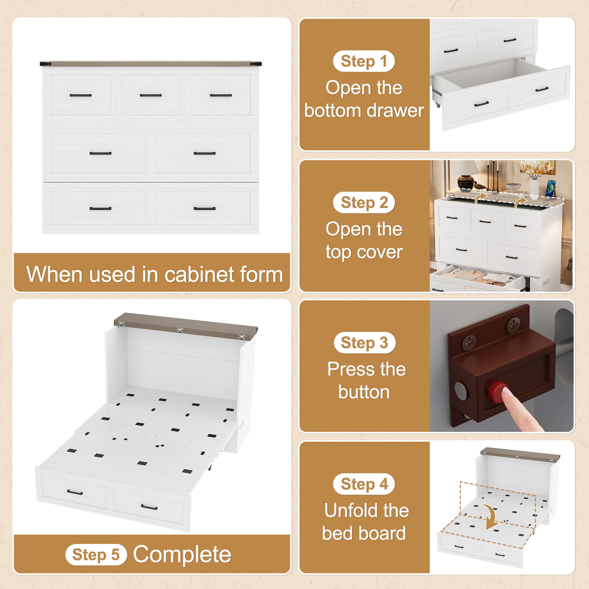 Yoneston Full Size Murphy Cabinet Bed with Storage Drawers & Charging Station, Foldable Platform Bed for Guest Room Bedroom Living Room, White