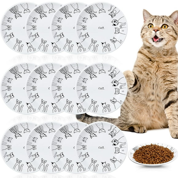 Yaomiao 12 Pcs Ceramic Cat Food Bowls Set, 5.5 Inch Wide Shallow Ceramic Cat Dish Cute Whisker Friendly pet Bowl Small Cat Food Plate for Feeding Kitten Food Water(Cartoon Style)