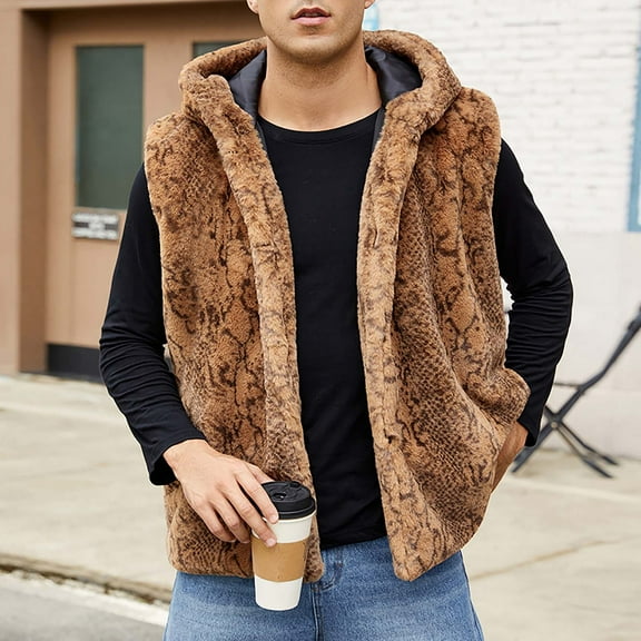 Tauxra Jackets for Men,Winter Jackets for Men,Men's Faux Fur Vest, Print V Neck Winter,Mens Winter Coats