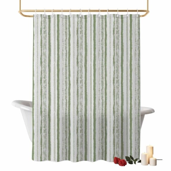 Green Stripe Pattern Bathroom Shower Curtains with Hooks, Green White Distressed Lines Striped Rustic Waterproof Fabric Washable Shower Curtain for Home Hotel Bathtub Decor 36x72 Inch