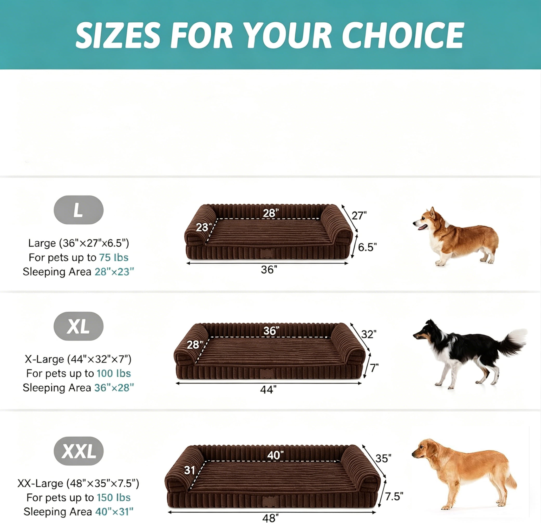Katieovy Orthopedic Dog Beds for Large Dog,32 inch Removable Washable Dog Beds with Sides,Non-Slip Bottom Memory Foam Large Pet beds,Khaki