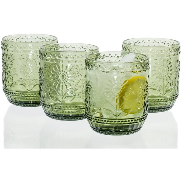 Red Co. Set of 4 Embossed Glass 12 Oz Vintage Botanist Drinking Tumblers, Green