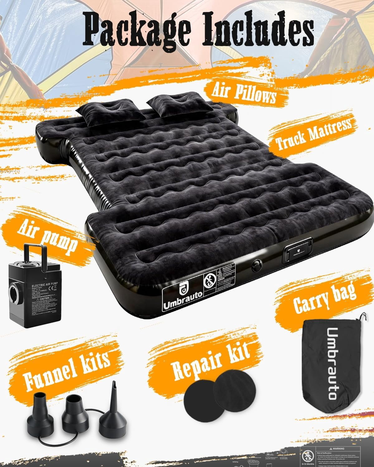 Built-in Pump Truck Air Mattress for 5.5-5.8ft Pickup Bed, Detachable Rechargable Pump Airbed for Full Size Pickup Short Truck Beds Outdoor Camping(Black)
