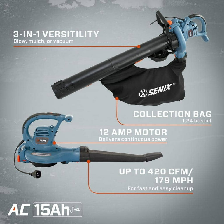 Senix 179 MPH Wind Velocity and 420 CFM Air Volume 12 Amp Electric Leaf Blower/Vacuum/Mulcher Senix 179 MPH Wind Velocity and 420 CFM Air Volume 12 Amp Electric Leaf Blower/Vacuum/Mulcher