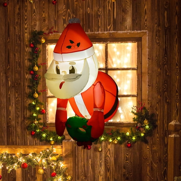 Outsunny 3.4' Christmas Inflatables Hanging Santa Claus Holding Wreath with LED Lights for Lawn Garden Party