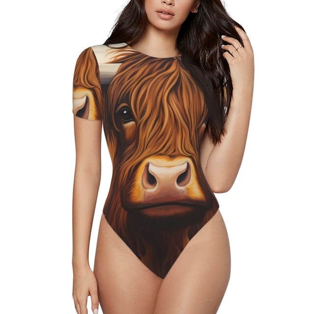 Kdxio Justaucorps à Manches Courtes pour Femmes, Imprimé Tournesol et Vache, Col Rond, Modal, Doux, Confortable, Aguichant, Taille Moyenne