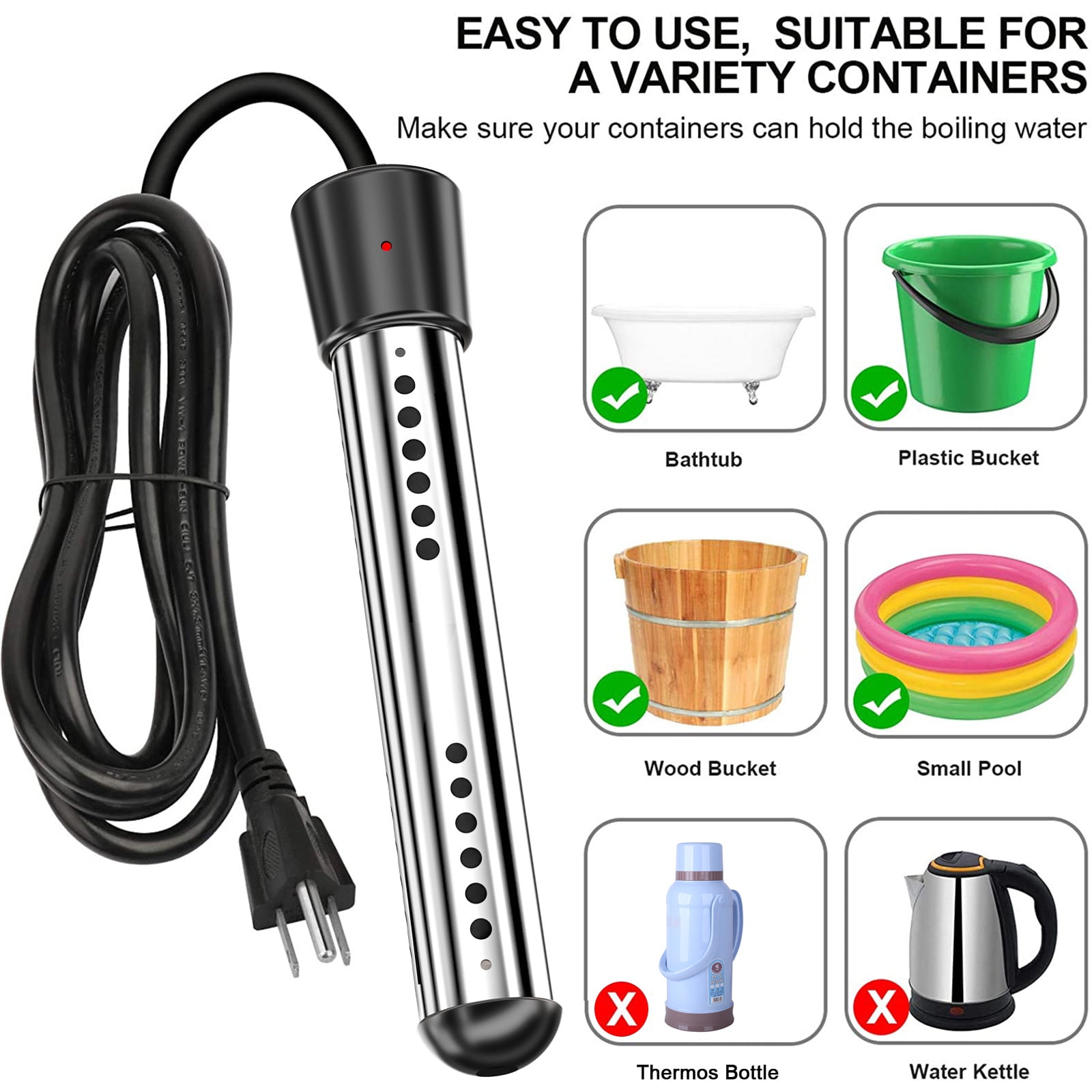 Portable Water Heater Rod for Bath – Fast Heating Immersion Heater Stick with Safety Protection for Home and Outdoor Use