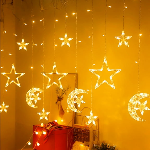 2025 Summer Gmogad Ramadan LED Star Moon Curtain Lights 11.5ft Remote Control USB Powered Warm White Eid Home Festival Party Decorations