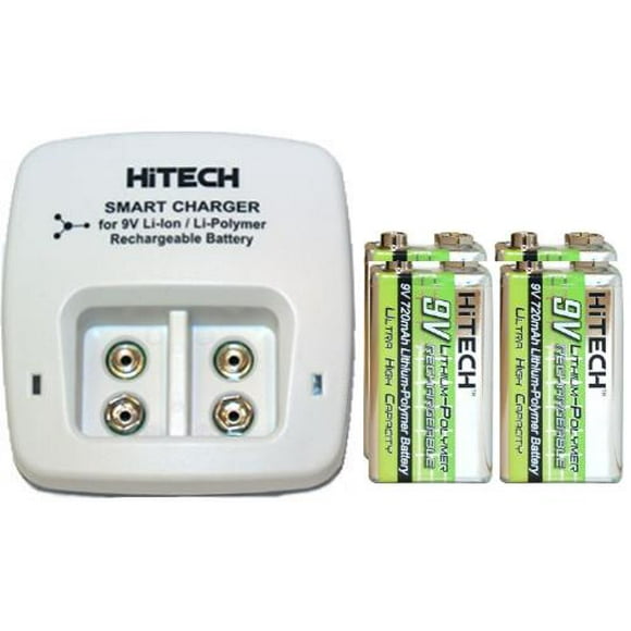 Chargeur Intelligent 2 Baies 9 Volts Li-ion / Li-Po + 4 x Chargeur de Batteries au Lithium Polymère 9 Volts (720 mAh) HiTech