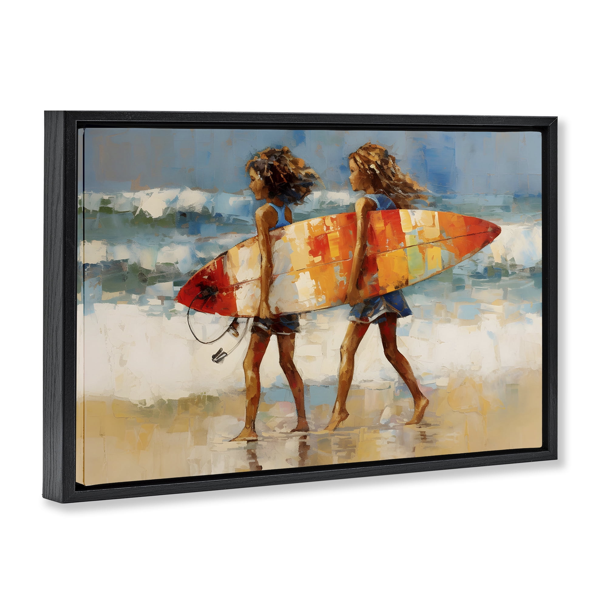 Stupell Industries Surfboard Kids Friends Sports Painting Black Floater Framed Canvas Art Print Wall Art, 25 x 17
