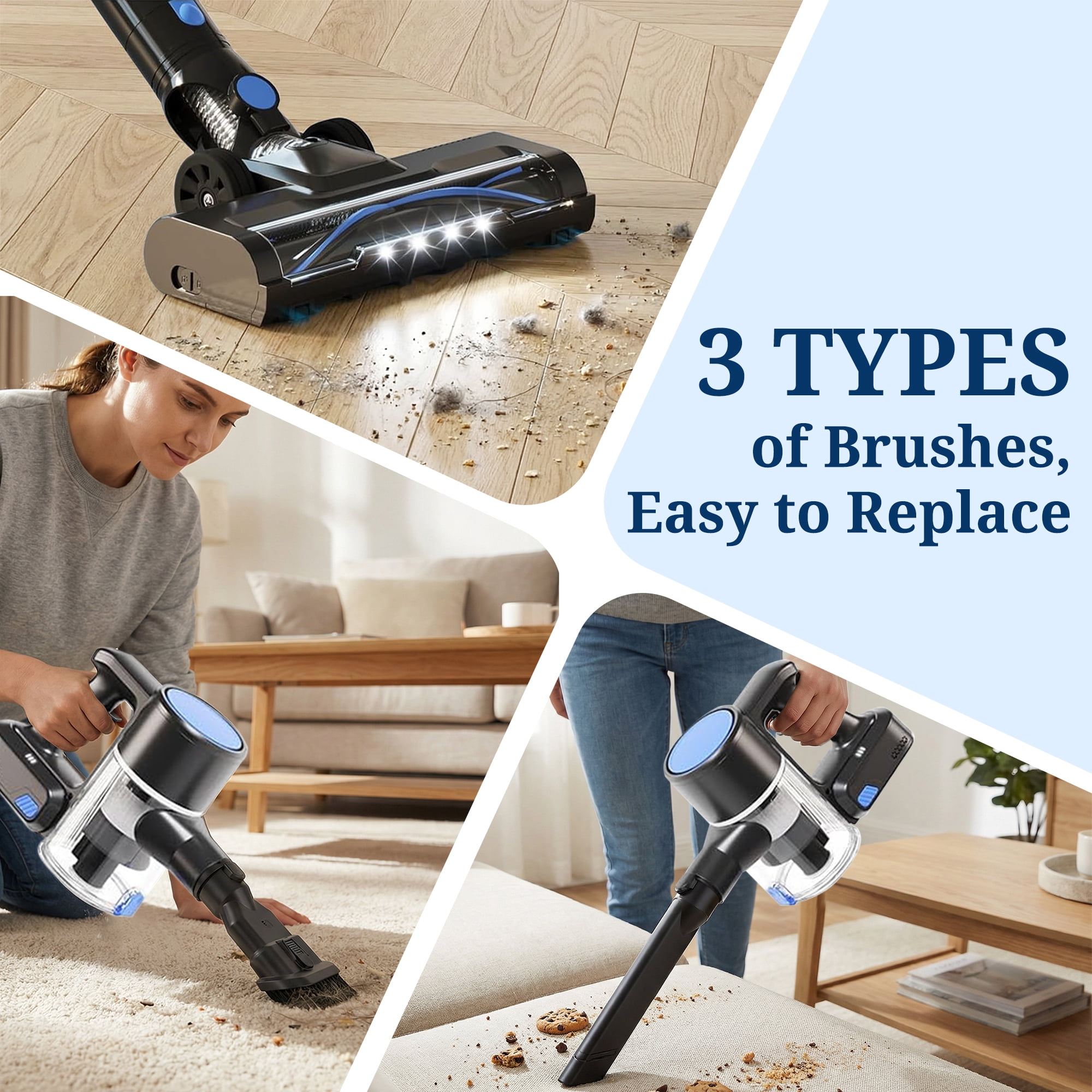 Atilioo Cordless Vacuum Cleaner for Home, Removable Handheld Lightweight Stick Vacuum with LED Headlights for Pet Hair, Hard Floor, Carpet, Silver