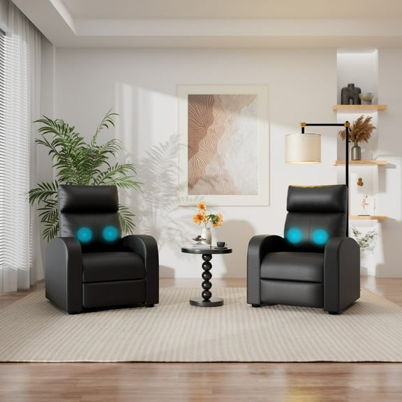 Furmax Recliner Chair Pu Leather Single Sofa Home Theater Recliners with 2 Point Massage Function for Living Room,PU Black