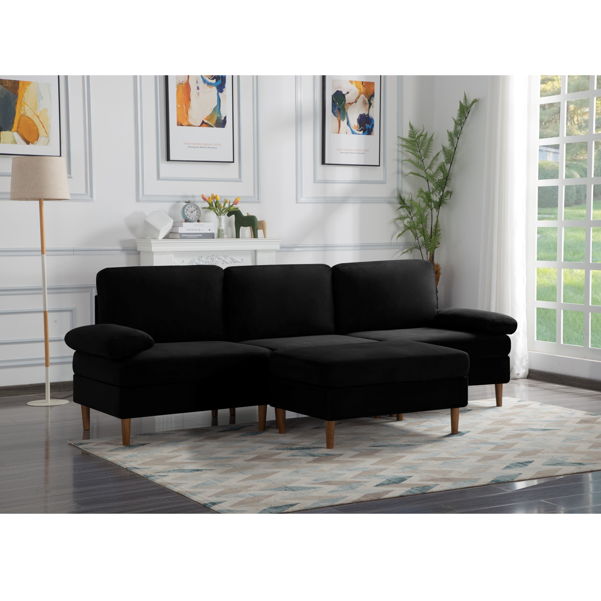 Gewnee Sectional Sofa with Movable Ottoman, 4-Piece Reversible Velvet Couch- Solid Wood+Metal Frame, Non-Slip Leg Pads, for Living Room/Apartment/Office