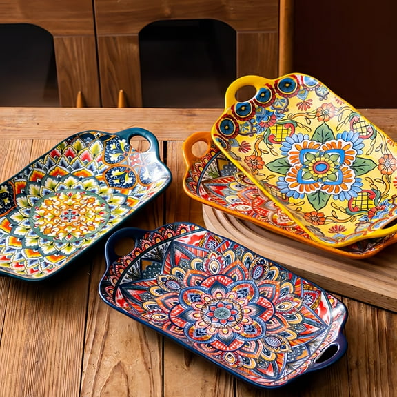 TAUFIKT 4pcs Boho Ceramic Dinner Plate Set, 12inch Large Capacity Sandwich, Appetizer, Fruit Serving Plate