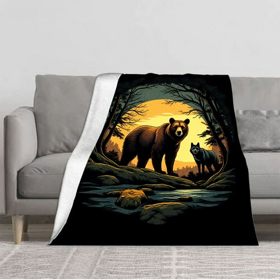 Cozy Flannel Blanket with Bear and Wolf Forest Design - Soft Warm Throw for Sofa Travel Bed and Chair - Perfect for Nature Lovers