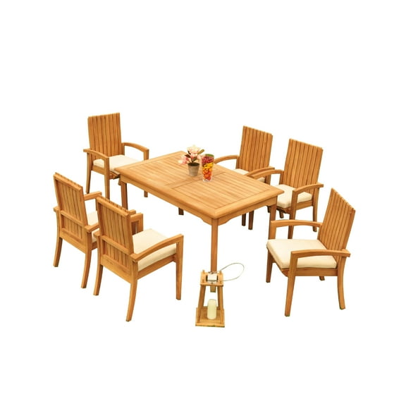 Grade-A Teak Dining Set: 6 Seater 7 Pc: 60" Rectangle Table And 6 Goa Stackng Arm Chairs Outdoor Patio WholesaleTeak #51GO0607