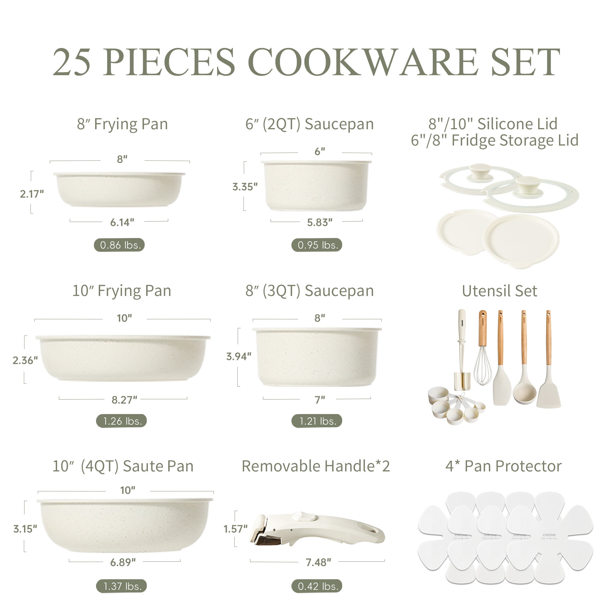 Slowfeel 25-Piece Pots and Pans Set, Nonstick Cookware Set with Detachable Handles, Induction Compatible, Dishwasher Safe, White