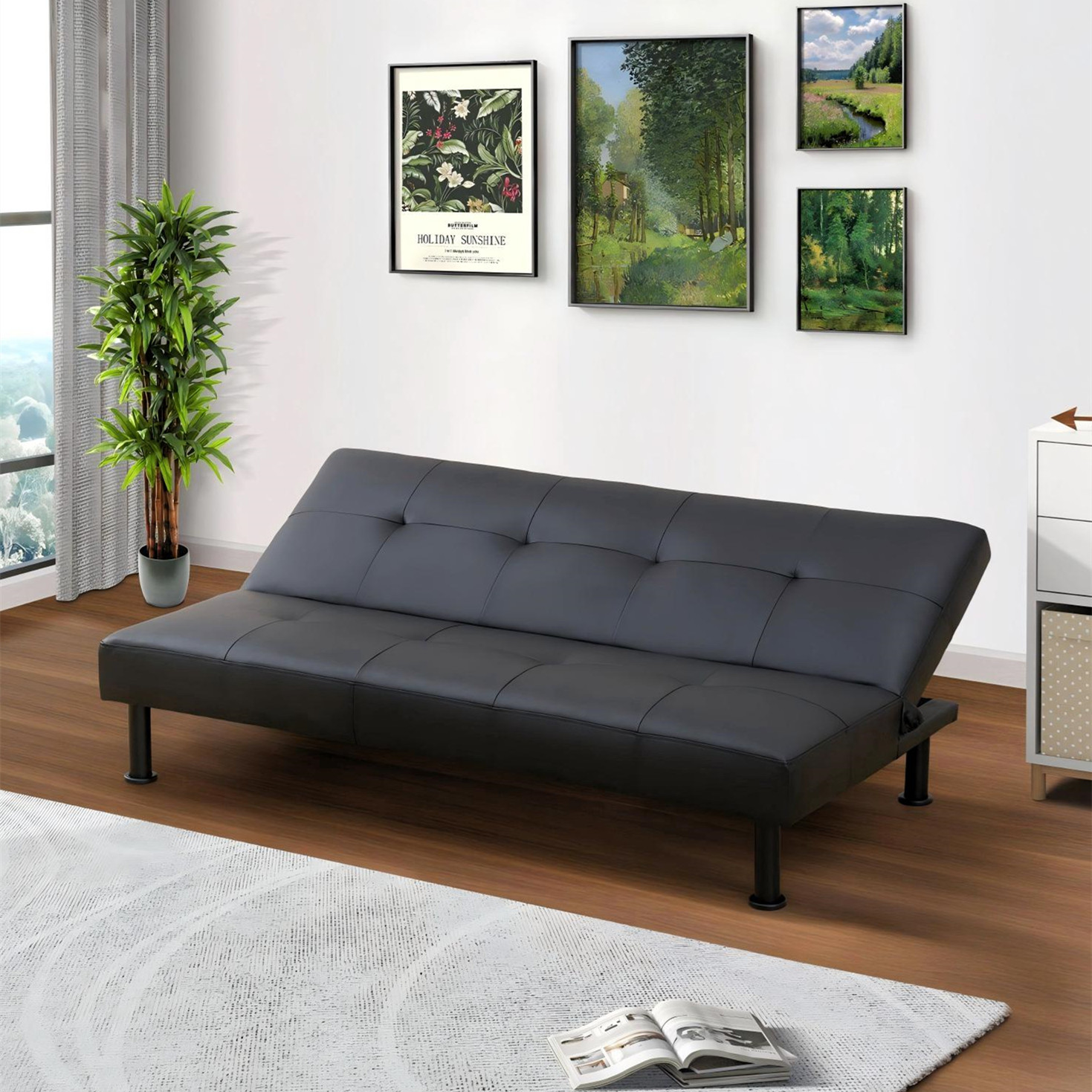 Aukfa Modern Futon Convertible Sofa Bed for Home Office, Tufted Back, Leather, Black