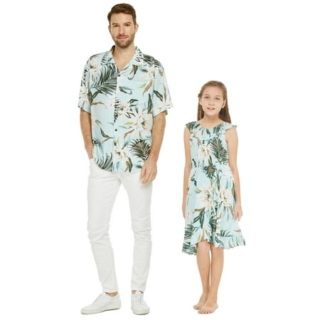 

Matching Father Daughter Hawaiian Dance Shirt Wrap Ruffle Dress Wispy Cereus Light Blue