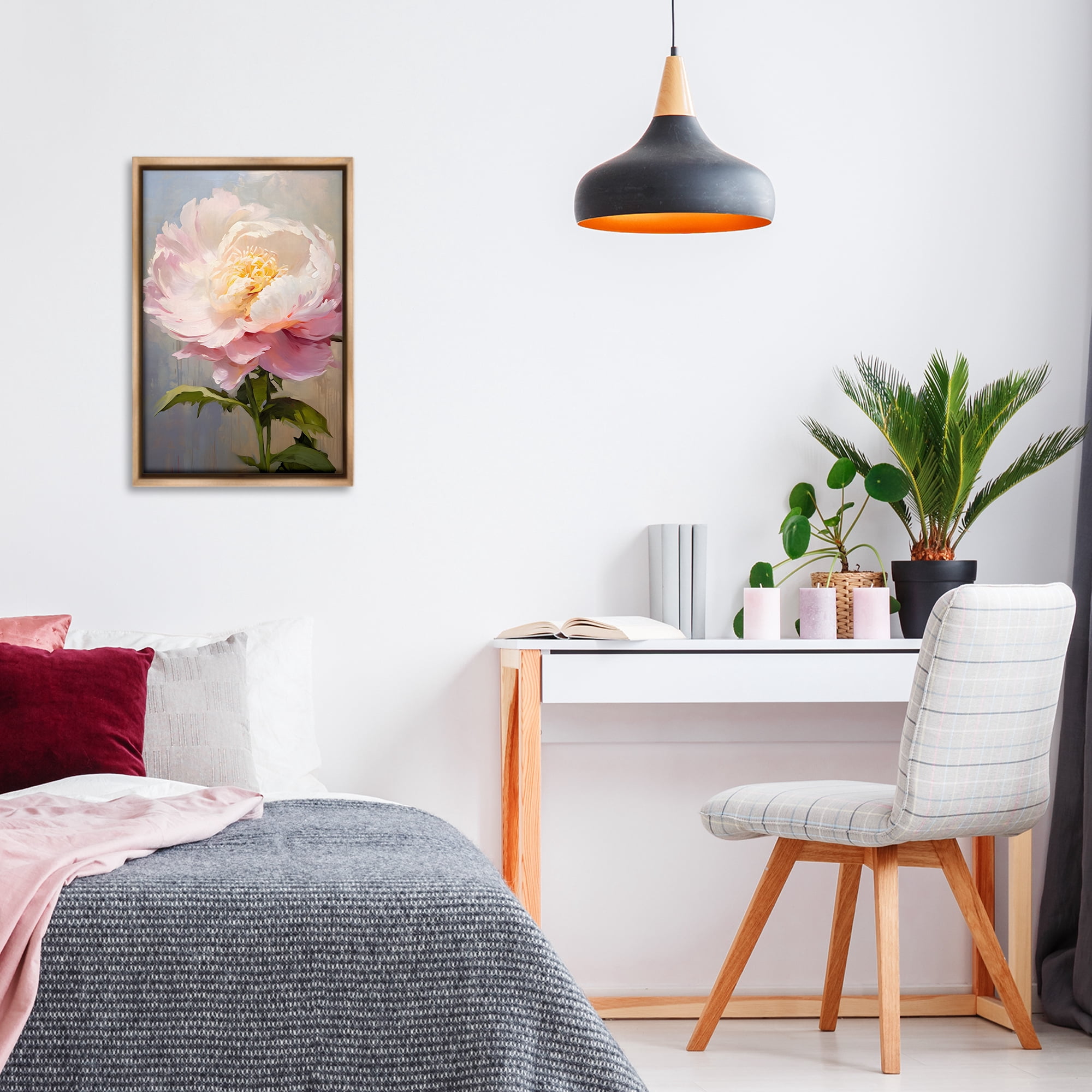 Stupell Industries Pink Rose in Bloom Botanical & Floral Painting Brown Floater Framed Art Print Wall Art, 17 x 25
