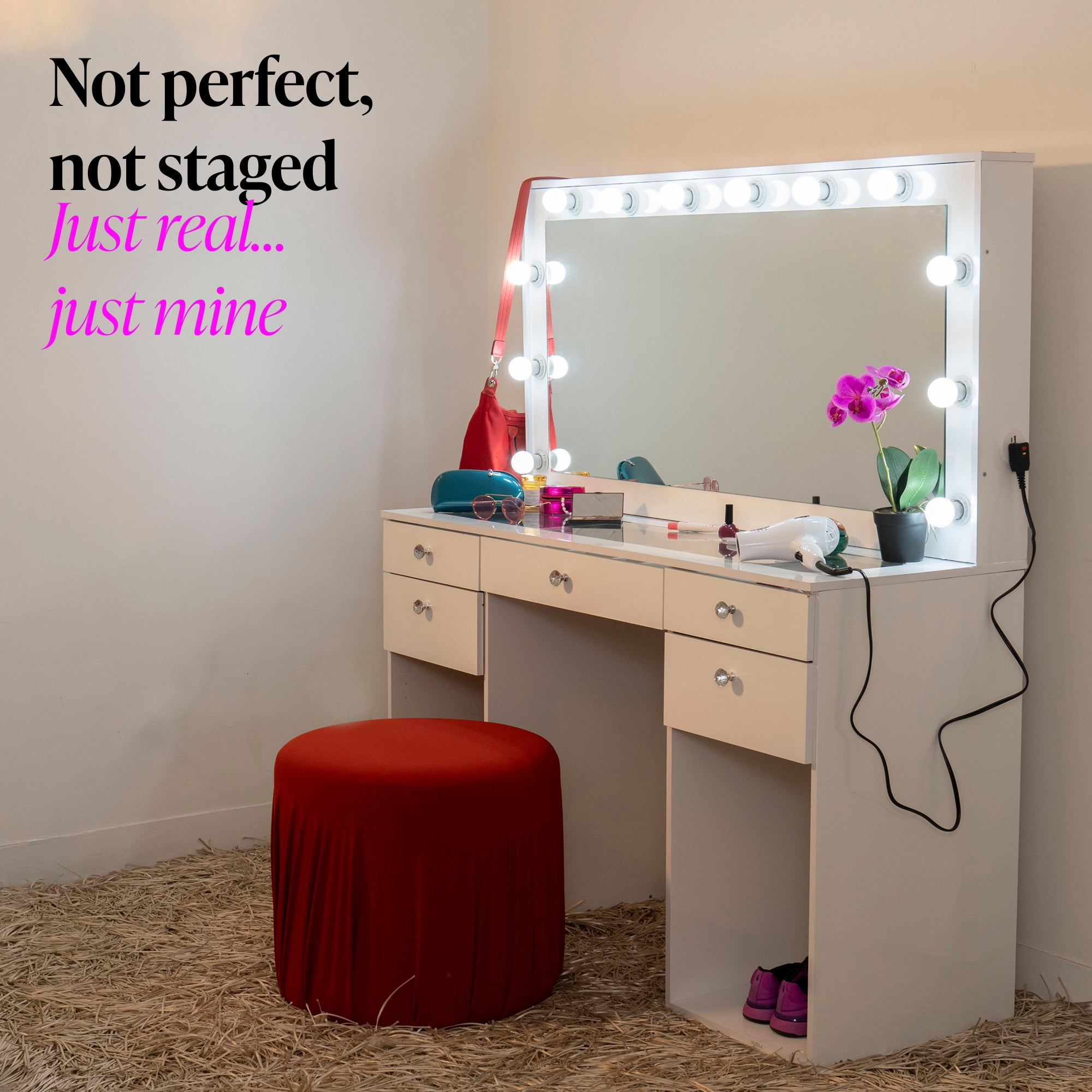 Boahaus Verona Large Vanity Desk with Mirror and Lights – Makeup Vanity Table with Storage and Power Outlet for Adults